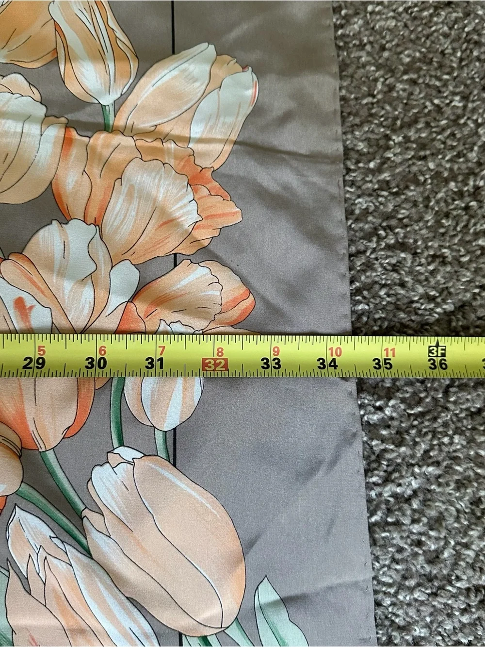 Floral 100% Silk Scarf in Taupe with Red & Peach Blooms Tulip Italian